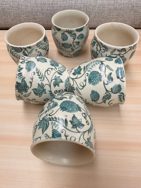 No-Handle Floral Ceramic Cups – Set of 6 | Hand-Painted Tea, Coffee & Espresso Cup Set