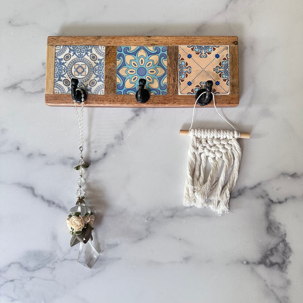 Wooden Wall Hooks with Decorative Tile Design