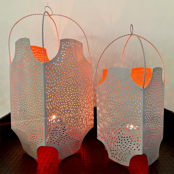 Metal Lantern Candle Holder Orange White