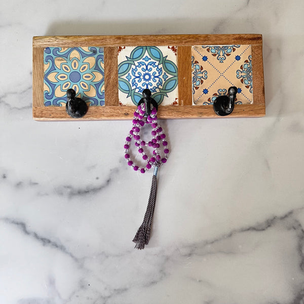 Wooden Wall Hooks with Decorative Tile Design