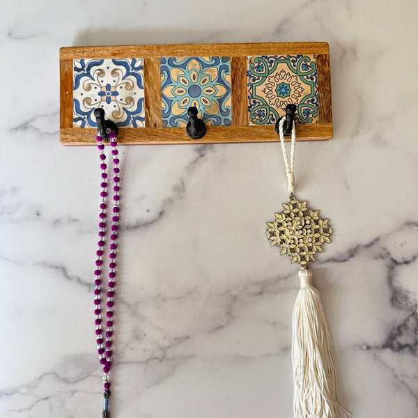 Wooden Wall Hooks with Decorative Tile Design
