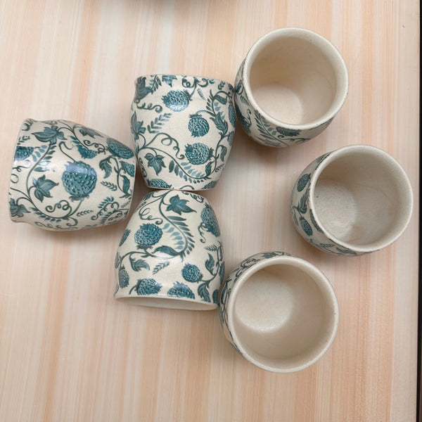 No-Handle Floral Ceramic Cups – Set of 6 | Hand-Painted Tea, Coffee & Espresso Cup Set