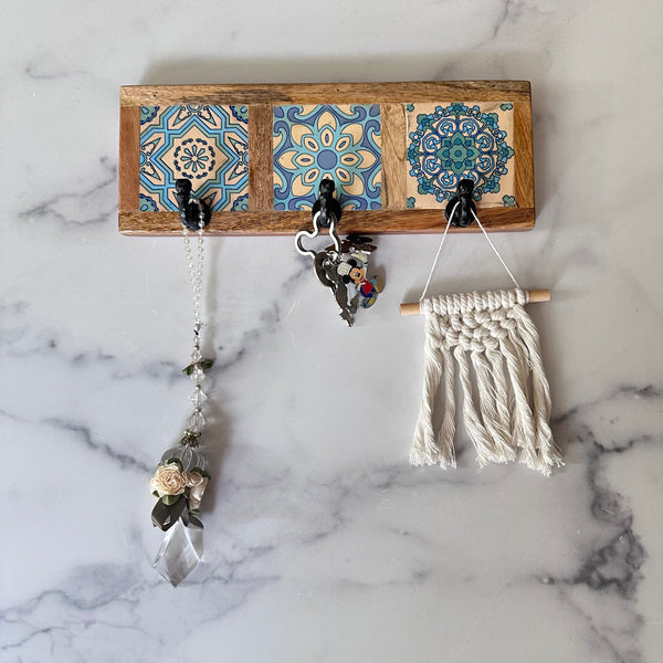 Wooden Wall Hooks with Decorative Tile Design