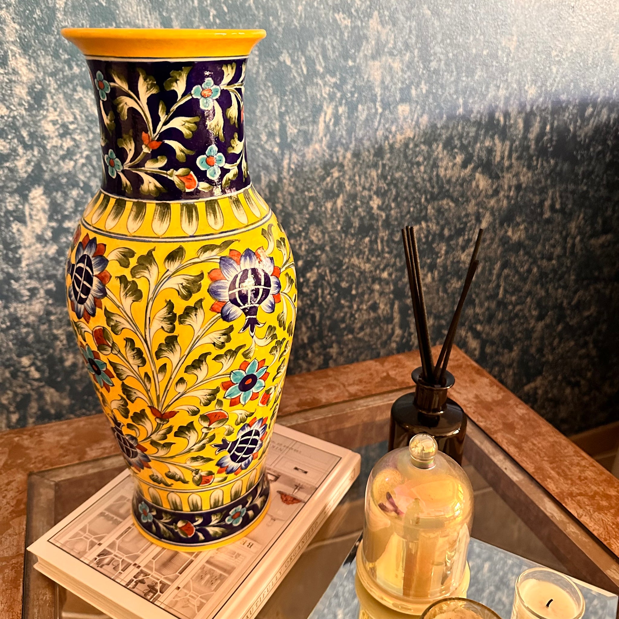 Blue Yellow Pottery Accent Floral Vase