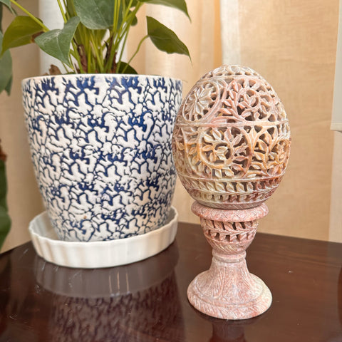 Marble Carved Egg-Shaped Candle Holder with Pedestal