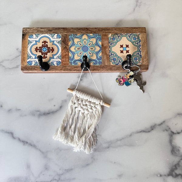 Wooden Wall Hooks with Decorative Tile Design
