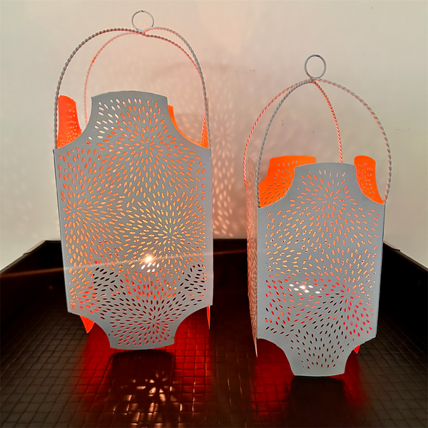 Metal Lantern Candle Holder Orange White