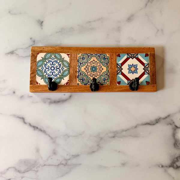 Wooden Wall Hooks with Decorative Tile Design