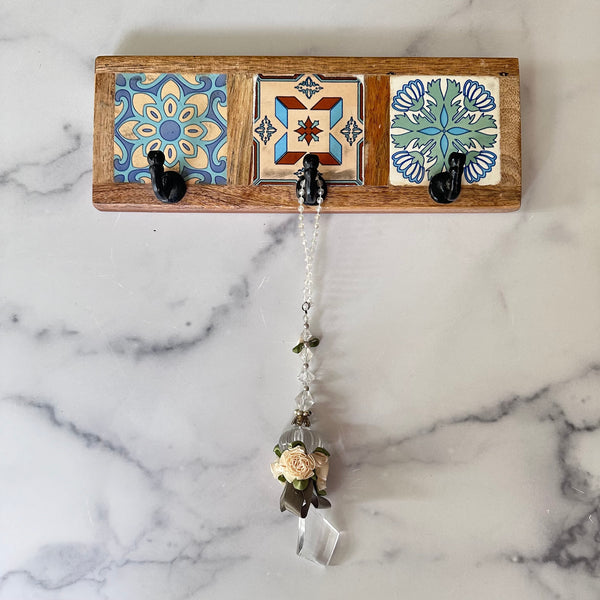 Wooden Wall Hooks with Decorative Tile Design