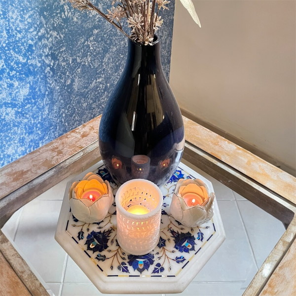 Marble Inlay Plate With Blue Flowers Design