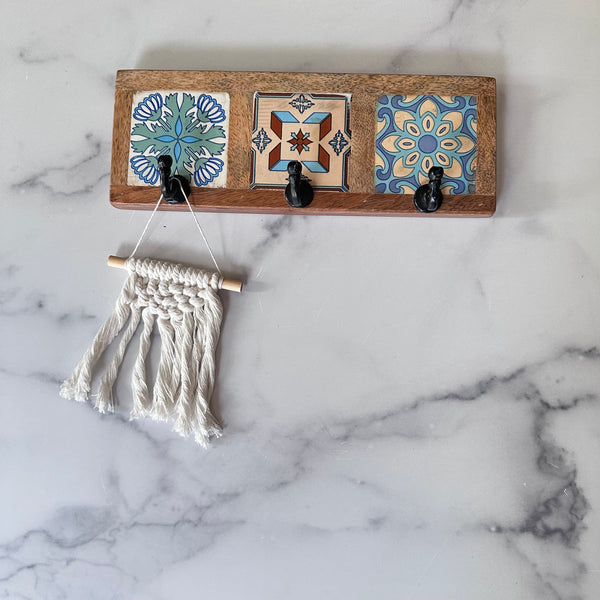 Wooden Wall Hooks with Decorative Tile Design