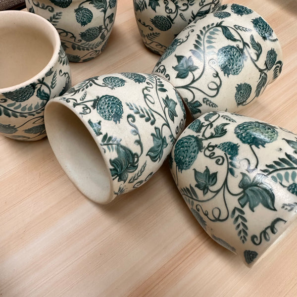 No-Handle Floral Ceramic Cups – Set of 6 | Hand-Painted Tea, Coffee & Espresso Cup Set