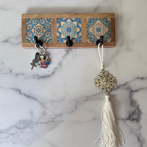 Wooden Wall Hooks with Decorative Tile Design