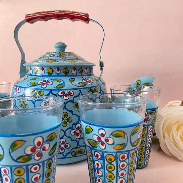 Blue Floral Hand Painted Tea Kettle Set