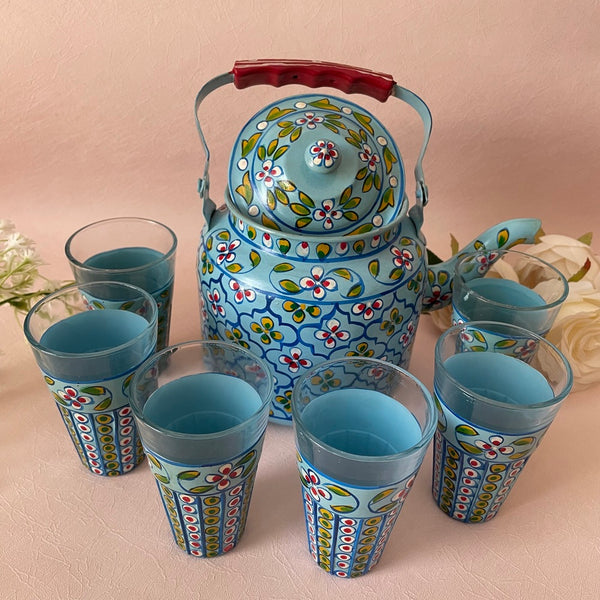 Blue Floral Hand Painted Tea Kettle Set
