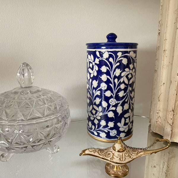 ceramic blue floral jar