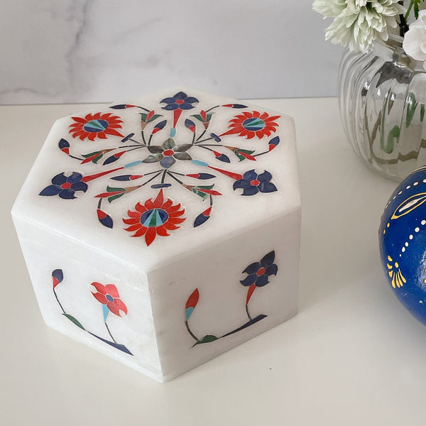 Marble Inlay Hexagonal Trinket Box
