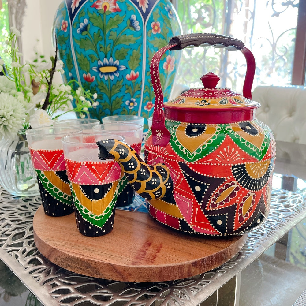 Hand Painted Kettle and Glass Cups Set