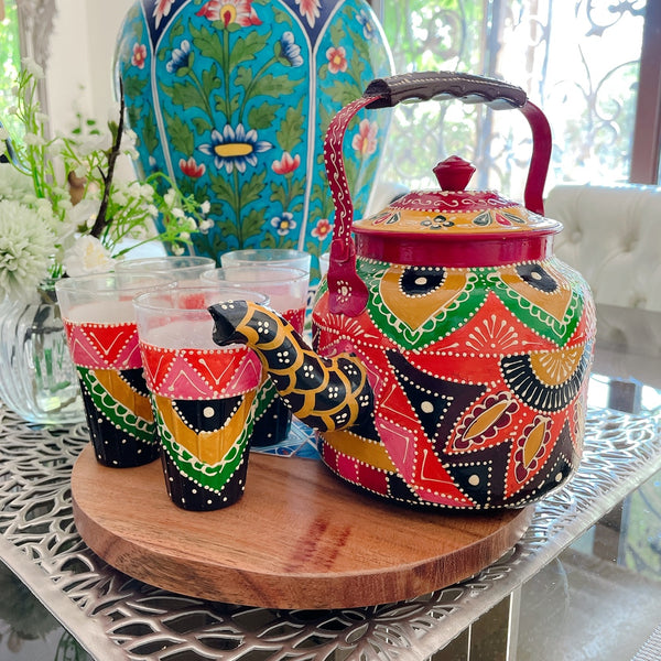 Hand Painted Kettle and Glass Cups Set