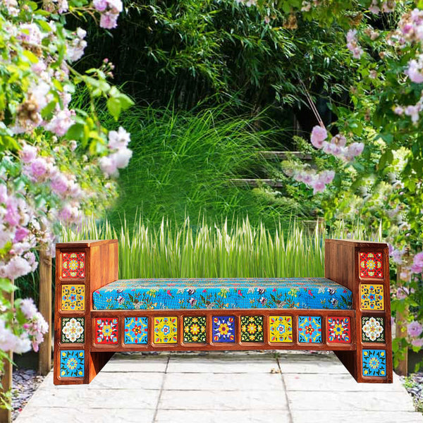 Garden Outdoor Wooden Bench Stool Chair With Ceramic Tiles