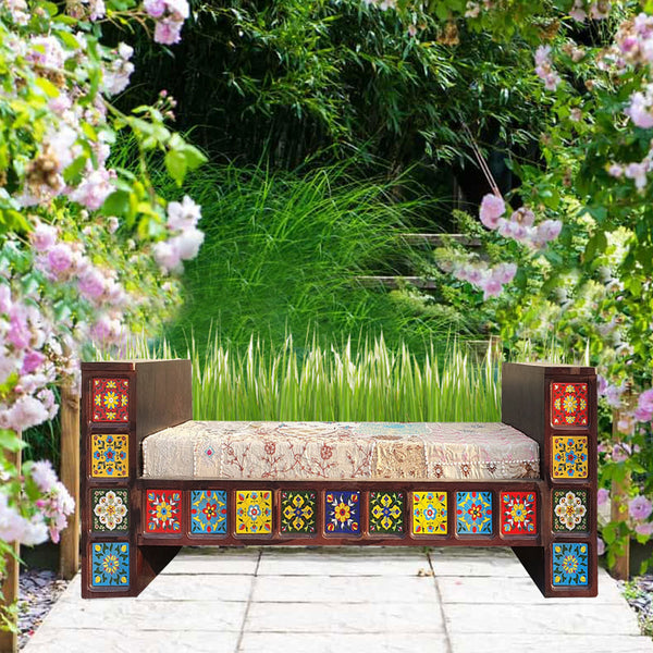 Wooden Garden Outdoor Indoor Bench Stool Chair With Ceramic Tiles