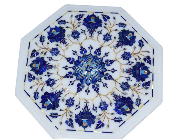 Marble Inlay Plate With Blue Flowers Design - Min Ayn Home Home Decoration