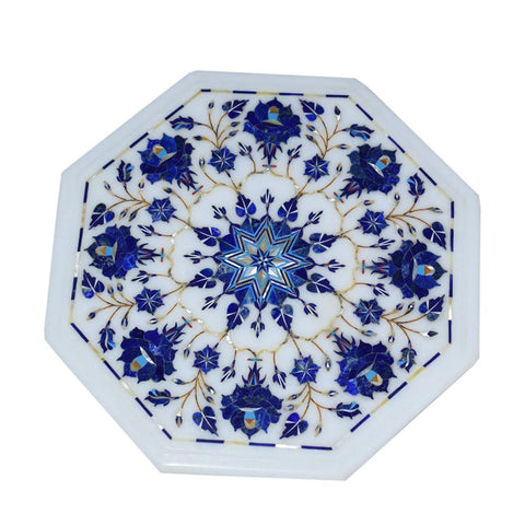 Marble Inlay Plate With Blue Flowers Design - Min Ayn Home Home Decoration